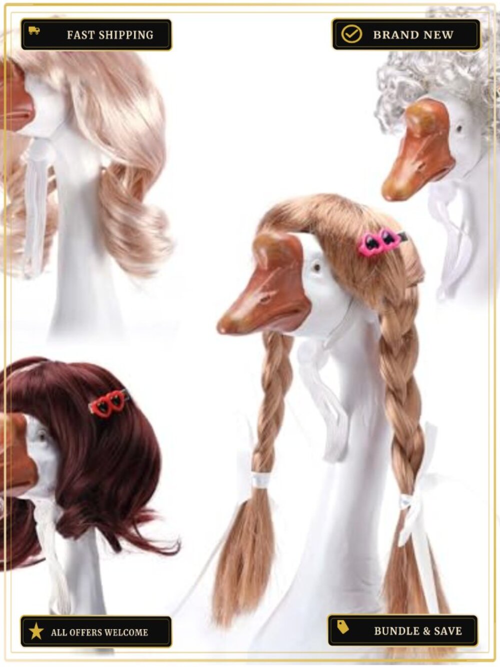 Porch Goose Wigs with Hair Clips, Outdoor Goose Statue Costume Accessories, 4
